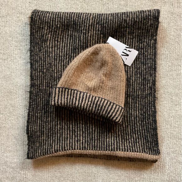 NWT ZARA Beanie Hat & Winter Scarf Set Black Tan Minimalist Chic Contemporary - Picture 5 of 7